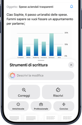 Una schermata che mostra un’email di lavoro con un grafico e più sotto i suggerimenti di Apple Intelligence che propongono l'aiuto degli strumenti di scrittura
