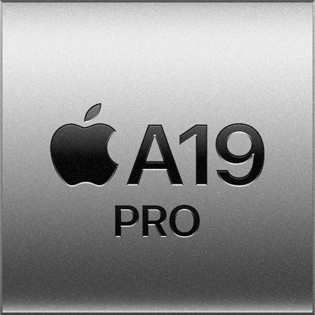 Un quadrato color argento con il logo Apple e la scritta A19 Pro che rappresenta il chip A19 Pro