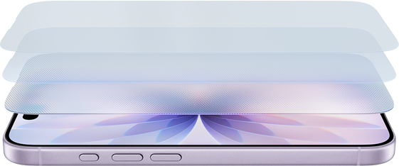 Un iPhone in posizione orizzontale con diversi strati di Ceramic Shield leggermente distanziati sopra di esso, per rappresentare la robustezza del Ceramic Shield di iPhone 17