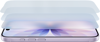 Un iPhone in posizione orizzontale con diversi strati di Ceramic Shield leggermente distanziati sopra di esso, per rappresentare la robustezza del Ceramic Shield di iPhone 17