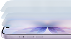 Un iPhone in posizione orizzontale con diversi strati di Ceramic Shield leggermente distanziati sopra di esso, per rappresentare la robustezza del Ceramic Shield di iPhone 17