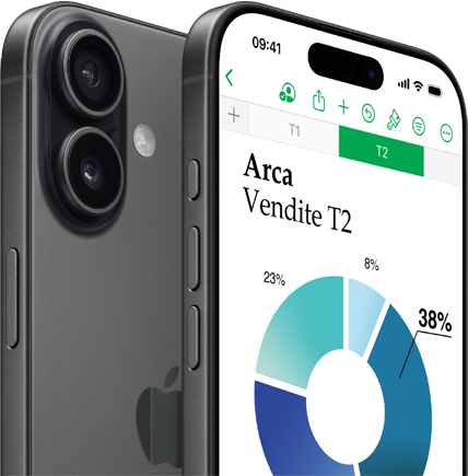 Un iPhone 17 che mostra il retro e la fotocamera, con davanti un altro iPhone 17 che mostra un grafico e le funzioni di Numbers