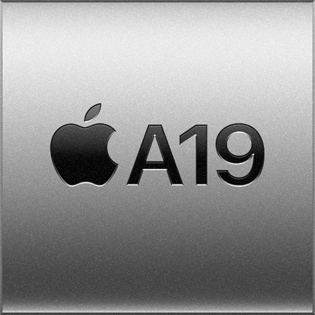 Un quadrato color argento con il logo Apple e la scritta A19 che rappresenta il chip A19