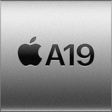 Un quadrato color argento con il logo Apple e la scritta A19 che rappresenta il chip A19