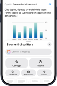 Una schermata che mostra un’email di lavoro con un grafico e più sotto i suggerimenti di Apple Intelligence che propongono l'aiuto degli strumenti di scrittura
