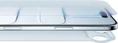 Un iPhone in posizione orizzontale con uno strato di materiale Ceramic Shield che lo ricopre leggermente sopra e sotto, per rappresentare la robustezza del Ceramic Shield