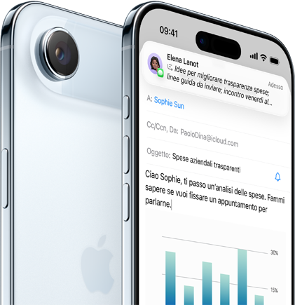 Un iPhone 17 Air che mostra il retro e la fotocamera, con davanti un altro iPhone Air che mostra un grafico e le funzioni di Numbers