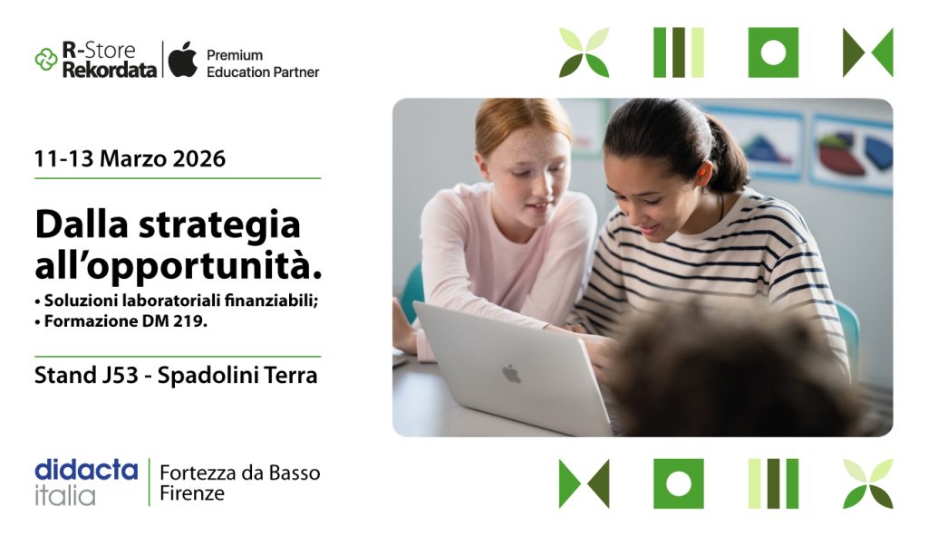 R-Store | Rekordata partecipa con grande entusiasmo a Didacta 2026, in programma l’11, 12 e 13 marzo, il principale evento fieristico italiano dedicato al mondo della scuola e della formazione. La nostra presenza si inserisce pienamente nel tema di questa edizione, “Dalla strategia all’opportunità”, con l’obiettivo di accompagnare le istituzioni scolastiche nella trasformazione delle scelte strategiche in soluzioni concrete e sostenibili per la didattica.