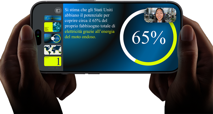 Una videochiamata in orizzontale che mostra una presentazione Keynote su un iPhone 18 Pro nero