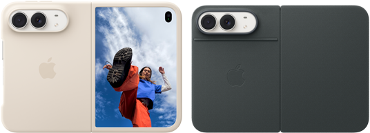 iPhone Duo bianco stellare, in una custodia in silicone sabbia, posizione orizzontale, completamente aperto, si nota la doppia fotocamera Dual Fusion in alto a sinistra, la custodia copre la parte posteriore e i bordi del display frontale, sul lato destro si nota il display esterno con l’immagine di una persona iPhone Duo bianco stellare in una custodia Folio blu marino appoggiato sul supporto, completamente aperto in orizzontale, sulla parte posteriore si notano la doppia fotocamera posteriore Fusion da 48MP, due obiettivi