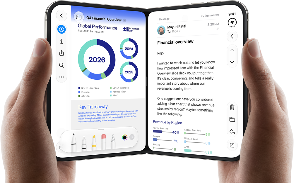 iPhone Duo tenuto fra due mani in orizzontale, a sinistra si nota un documento di lavoro nell’app Anteprima, mentre a destra un’email nell’app Mail
