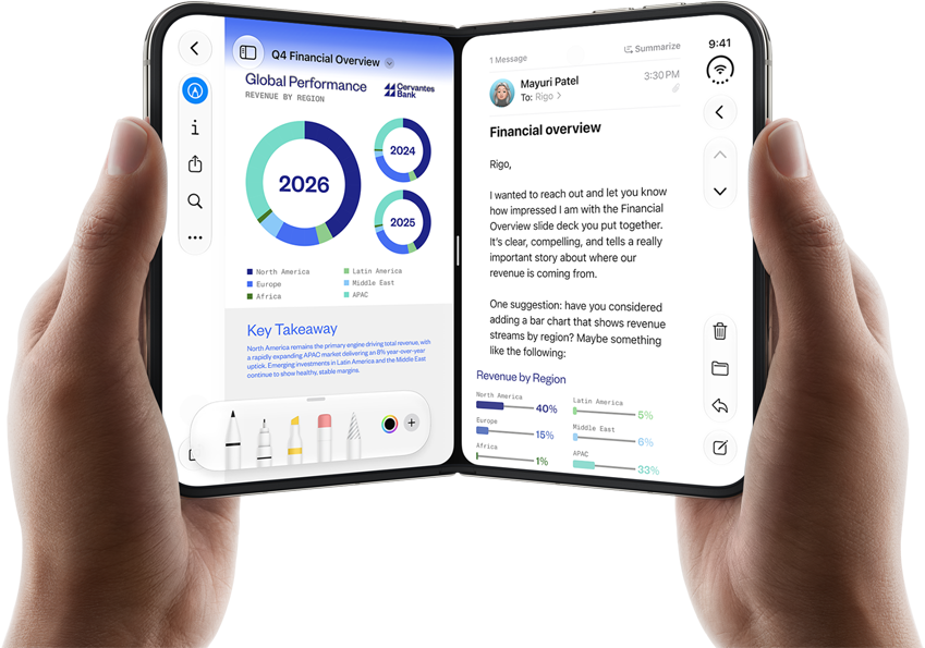 iPhone Duo tenuto fra due mani in orizzontale, a sinistra si nota un documento di lavoro nell’app Anteprima, mentre a destra un’email nell’app Mail
