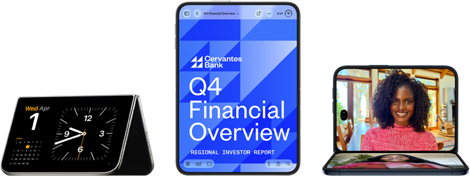 iPhone Duo, mostrato in varie posizioni: nella prima è leggermente aperto, appoggiato, con il display esterno in orizzontale, design all-screen. Nella seconda è aperto in posizione verticale, il display mostra un’app bancaria. Nella terza è aperto ad angolo retto e appoggiato sul display esterno e mostra il display interno, design all-screen.