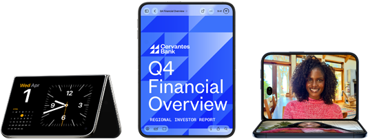 iPhone Duo, mostrato in varie posizioni: nella prima è leggermente aperto, appoggiato, con il display esterno in orizzontale, design all-screen. Nella seconda è aperto in posizione verticale, il display mostra un’app bancaria. Nella terza è aperto ad angolo retto e appoggiato sul display esterno e mostra il display interno, design all-screen.
